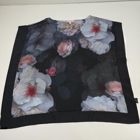 Ted Baker Poncho Womens Medium Black Floral Sheer Kimono Overlay Blouse Top - Picture 5 of 11